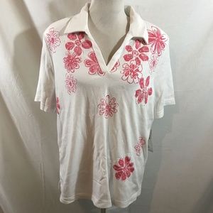 Koret white & pink short sleeve V neck collared top - womens 1X, NWT - armpit to